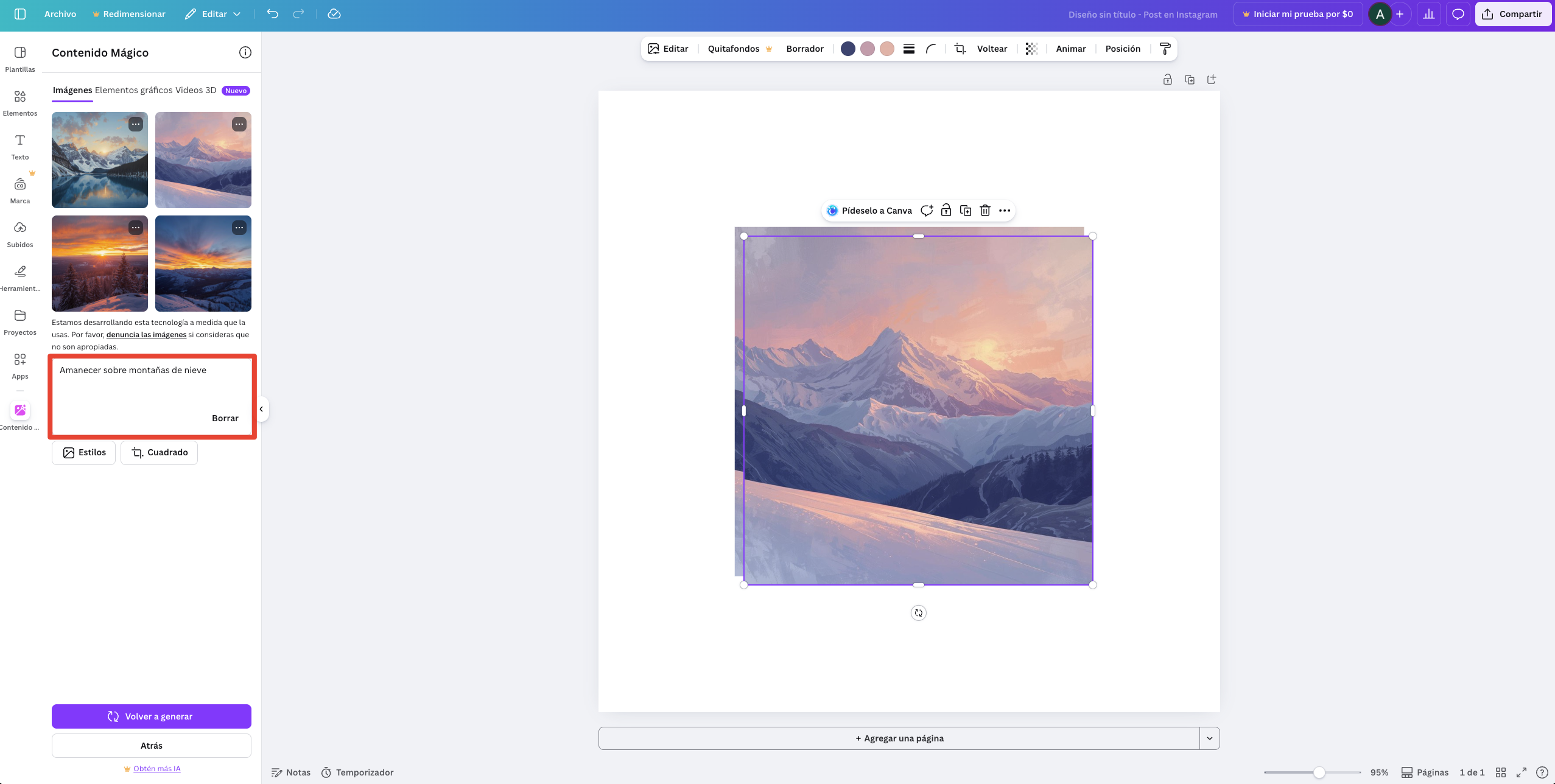 Generador de imágenes IA integrado en la plataforma de diseño Canva con interfaz drag and drop