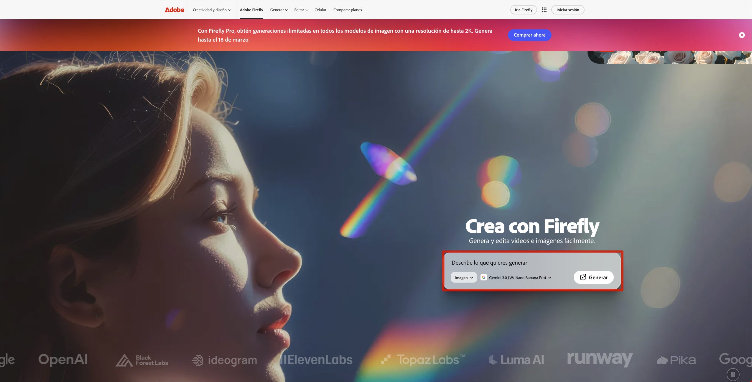 Adobe Firefly generando imagen con IA desde texto, interfaz integrada con Creative Cloud