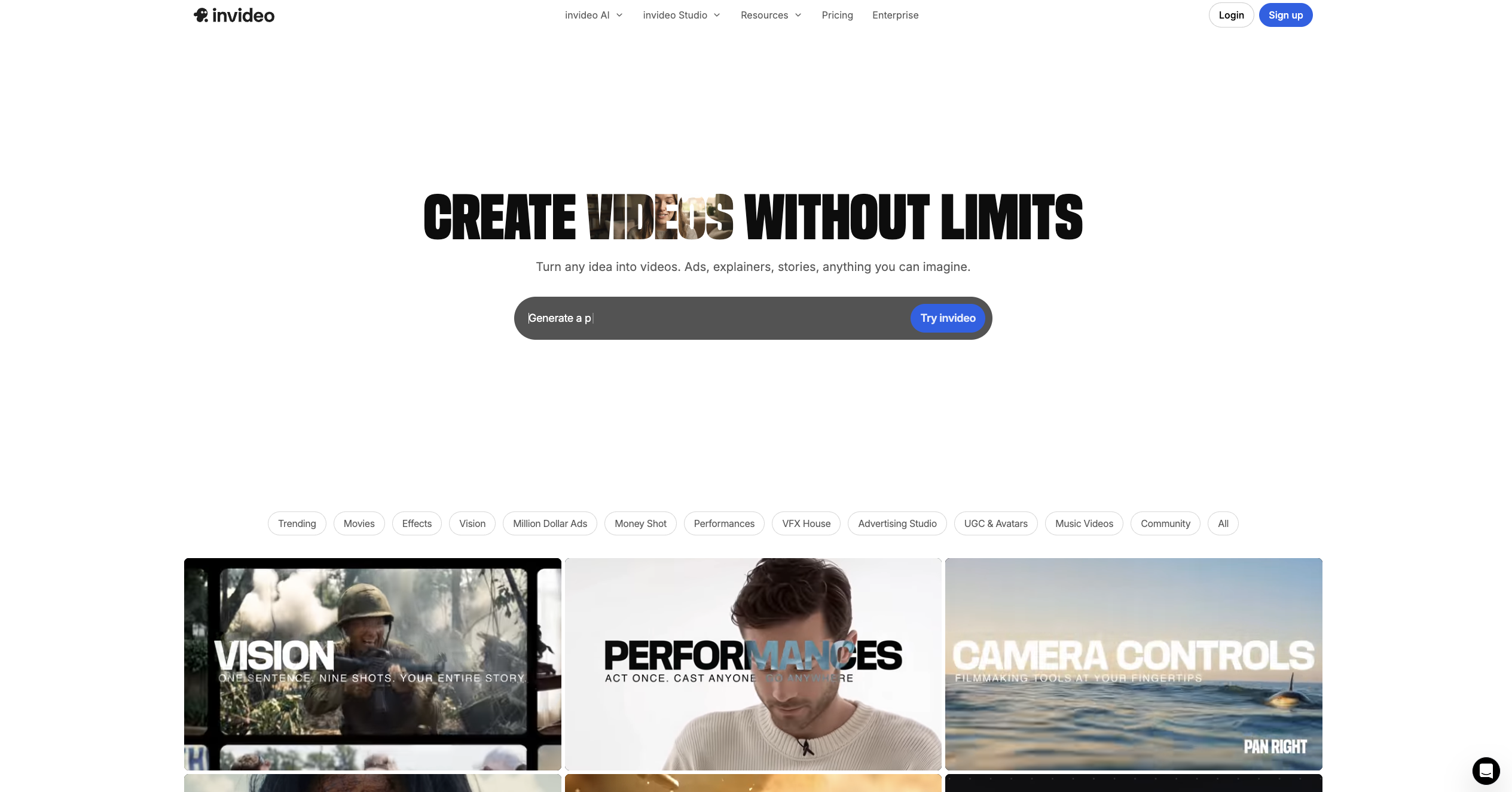 Panel de Invideo.io generando video completo desde prompt de texto con IA