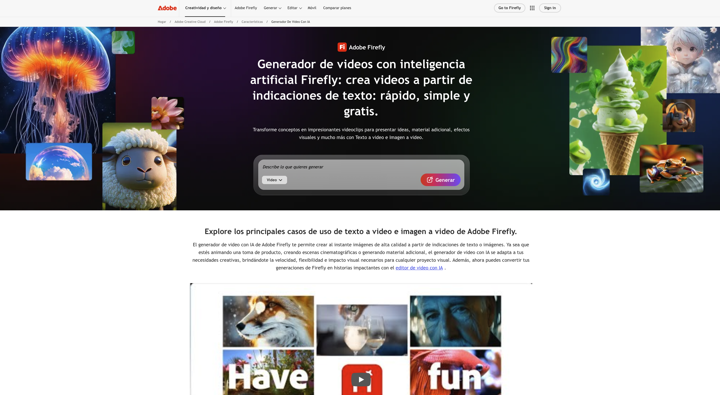 Adobe Firefly generando video de 5 segundos desde texto con 2000 créditos gratis