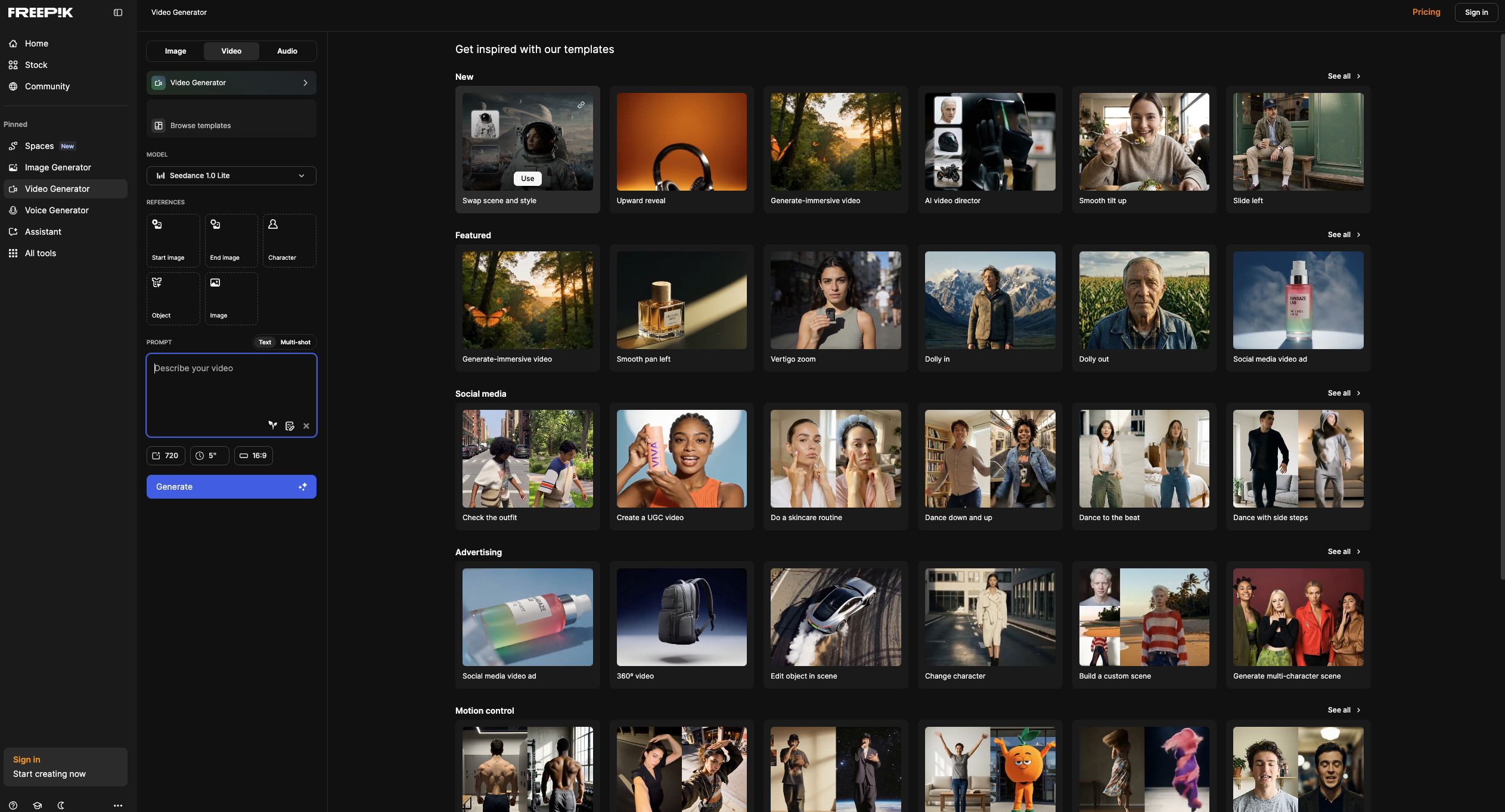 Suite Freepik AI generando video y escalándolo a 4K con plan gratis